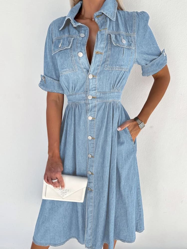 Collar Buttoned Slim Fit Denim Dress-Massicos