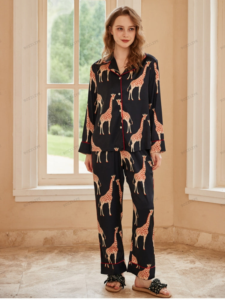 Giraffe Long-Sleeve Ice Silk Loungewear Set - Black-Massicos