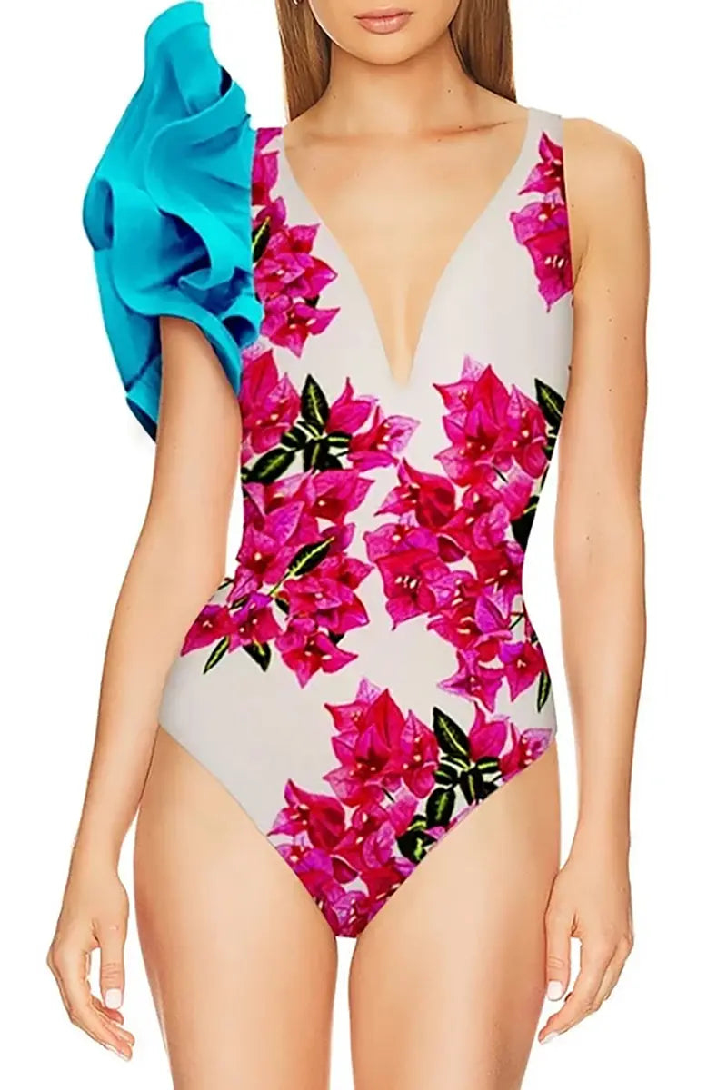 Floral Ruffle One Piece Swimwear Set-ROVOLE
