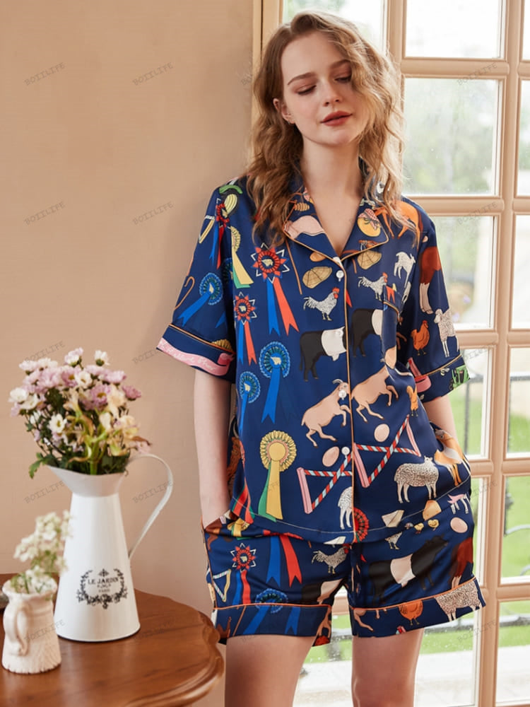 Cute Cartoon Animal Print Short Loungewear Set-Massicos