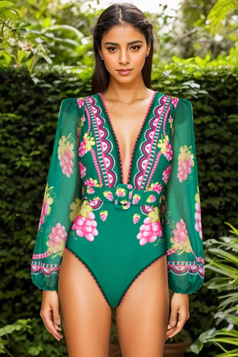Deep V Retro Print Long Sleeve Swimsuit Set-ROVOLE
