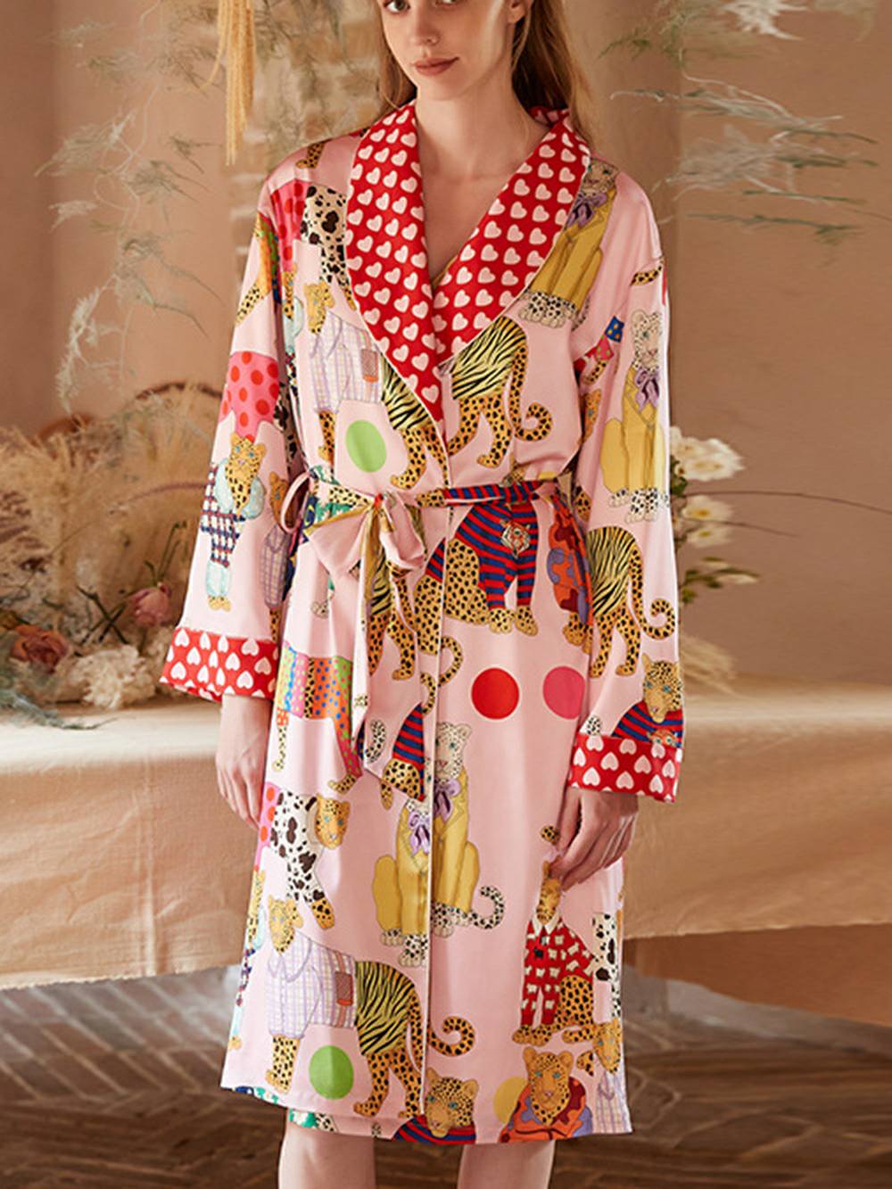Dressing Leopard Print Silk Robe Set-Massicos