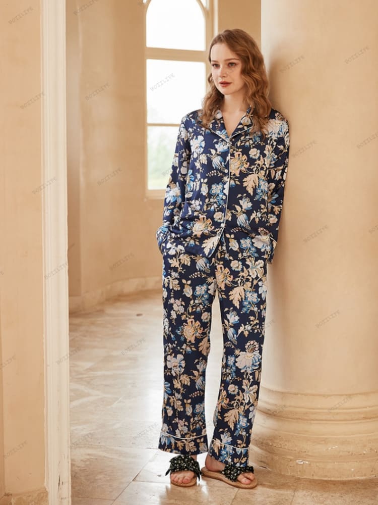 Begonia Flower Print Long-Sleeve Pajama Loungewear Set-Massicos