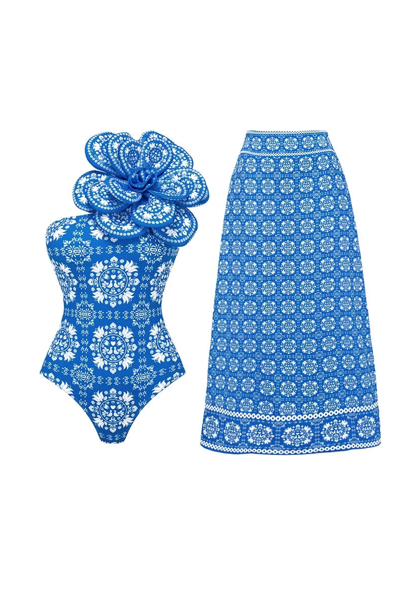 3D Floral Decor Ethnic Print Swimsuit-ROVOLE