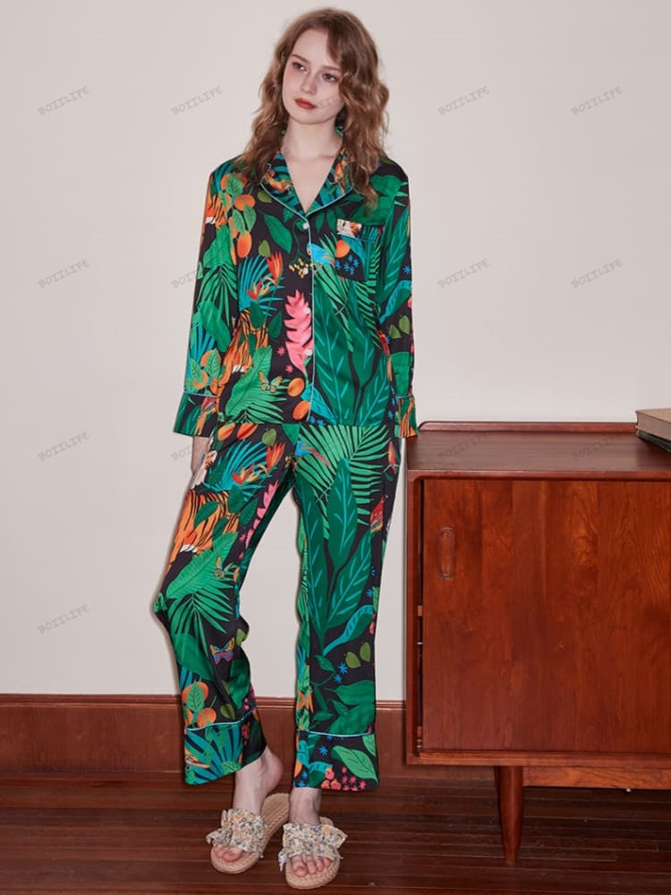 Tiger and Monkey Print Ice Silk Long-Sleeve Loungewear Set-Massicos