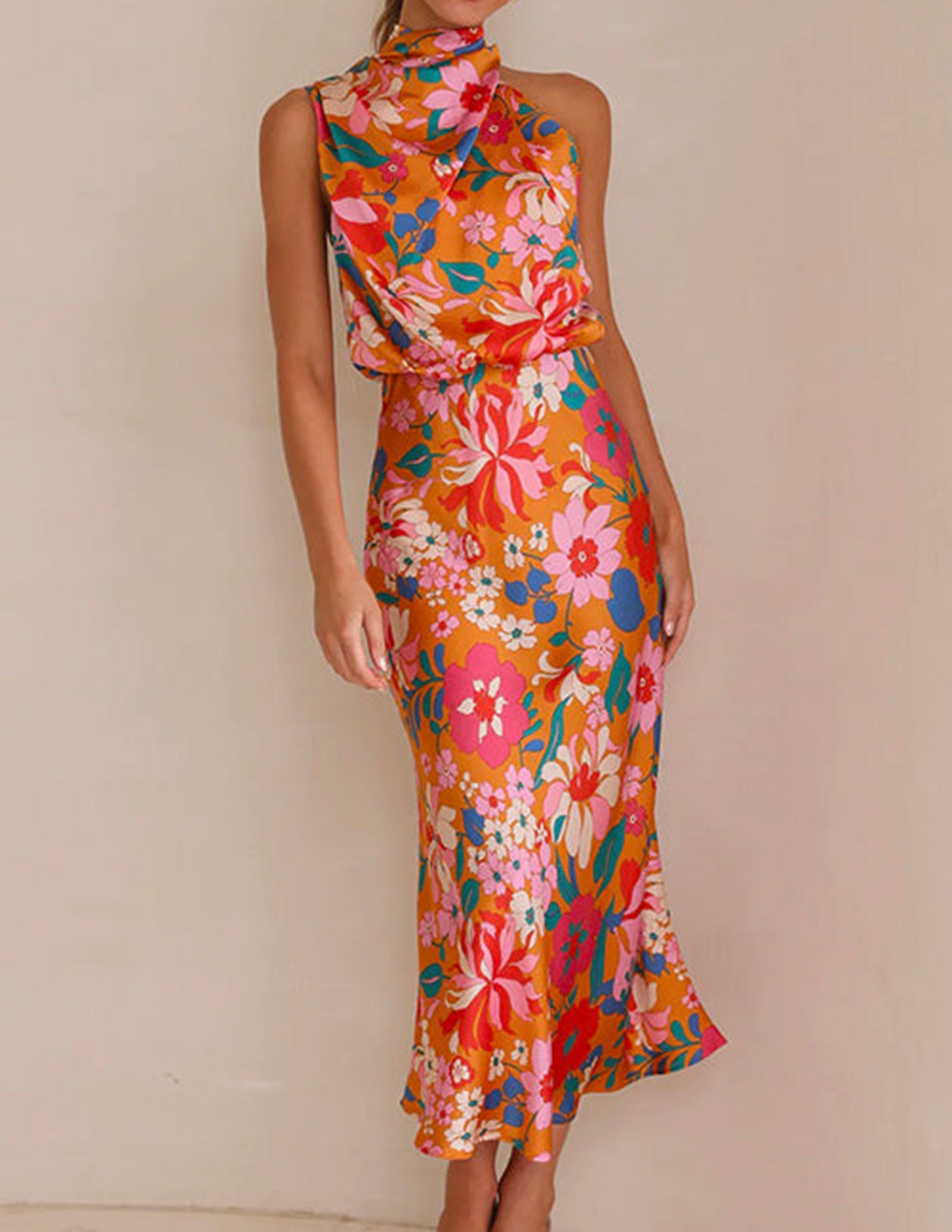 Floral Halter Neck Elastic Waist Maxi Dress-Massicos