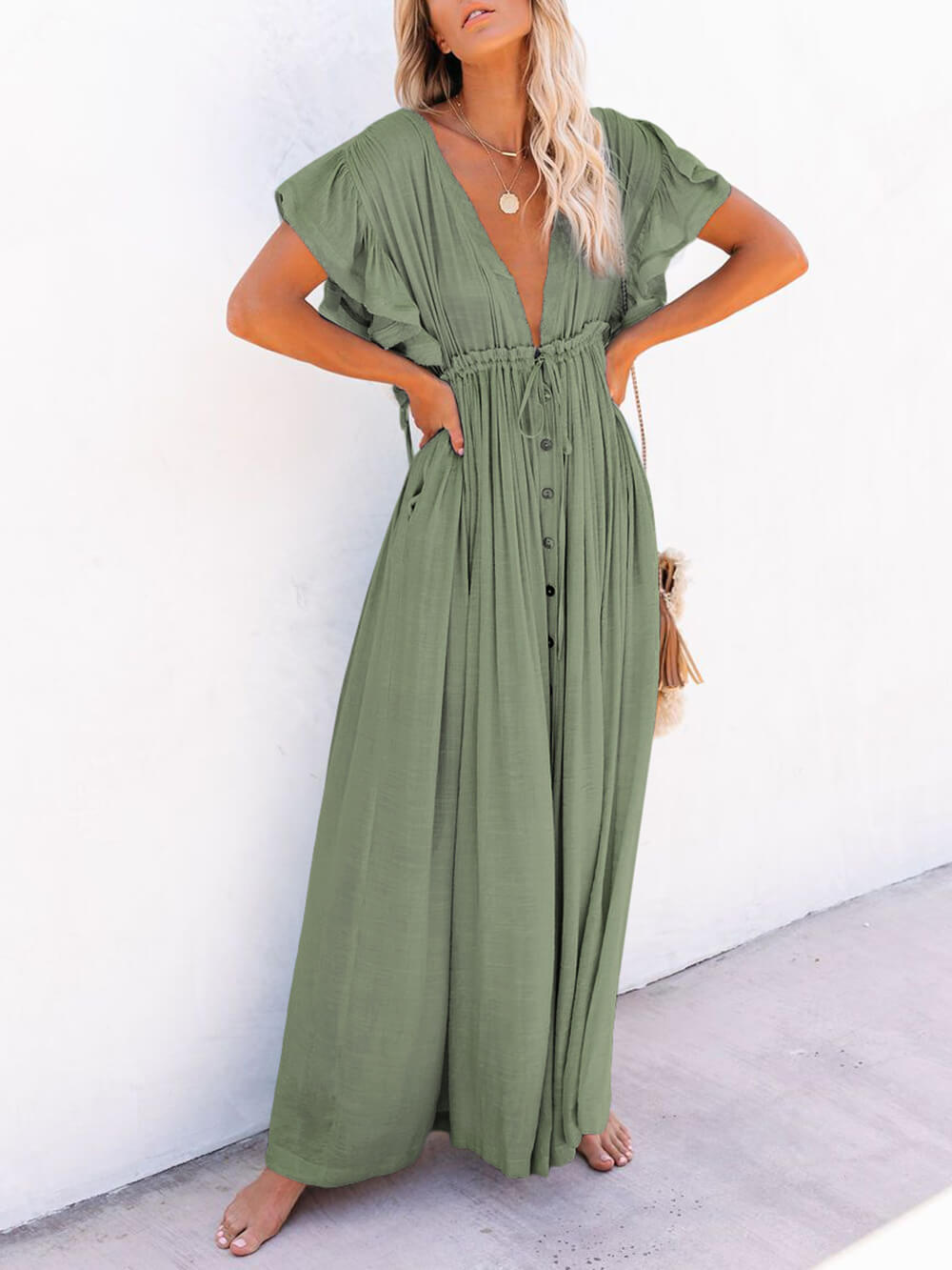 Button Cotton Linen Perfect Beach Boho Maxi Dress-Massicos