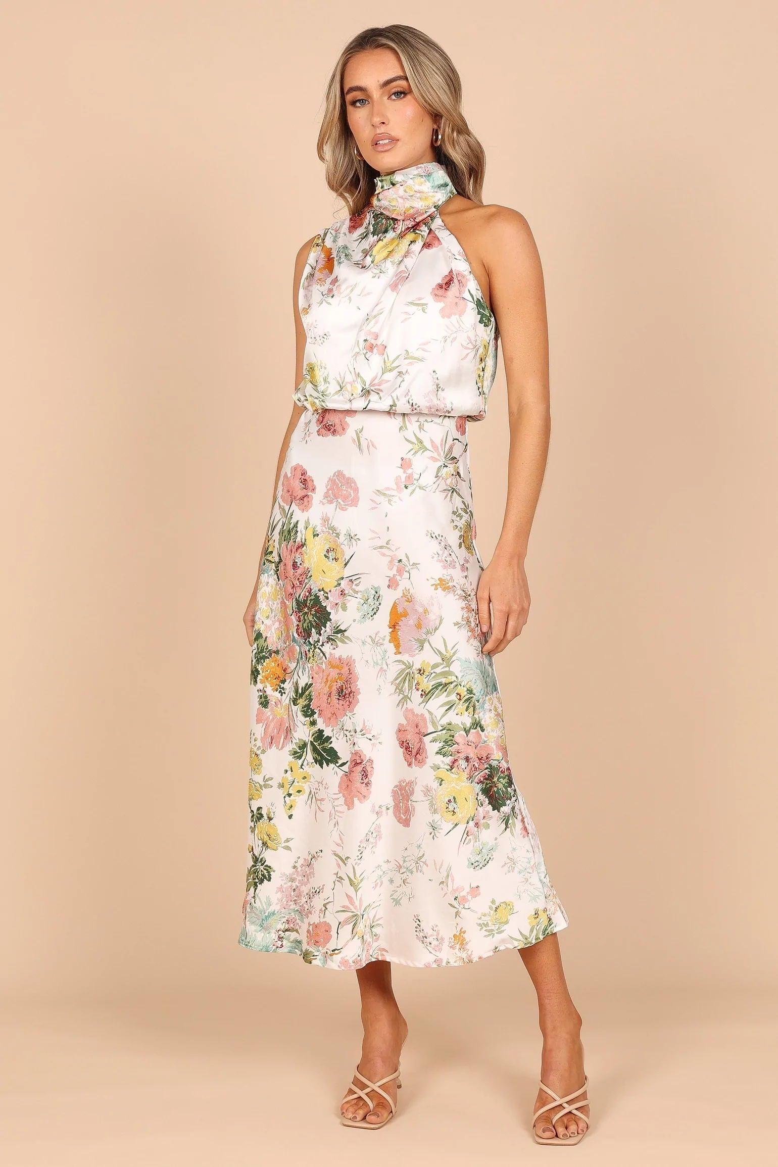 Wine Country Dates Floral Halter Neck Elastic Waist Maxi Dress-Massicos