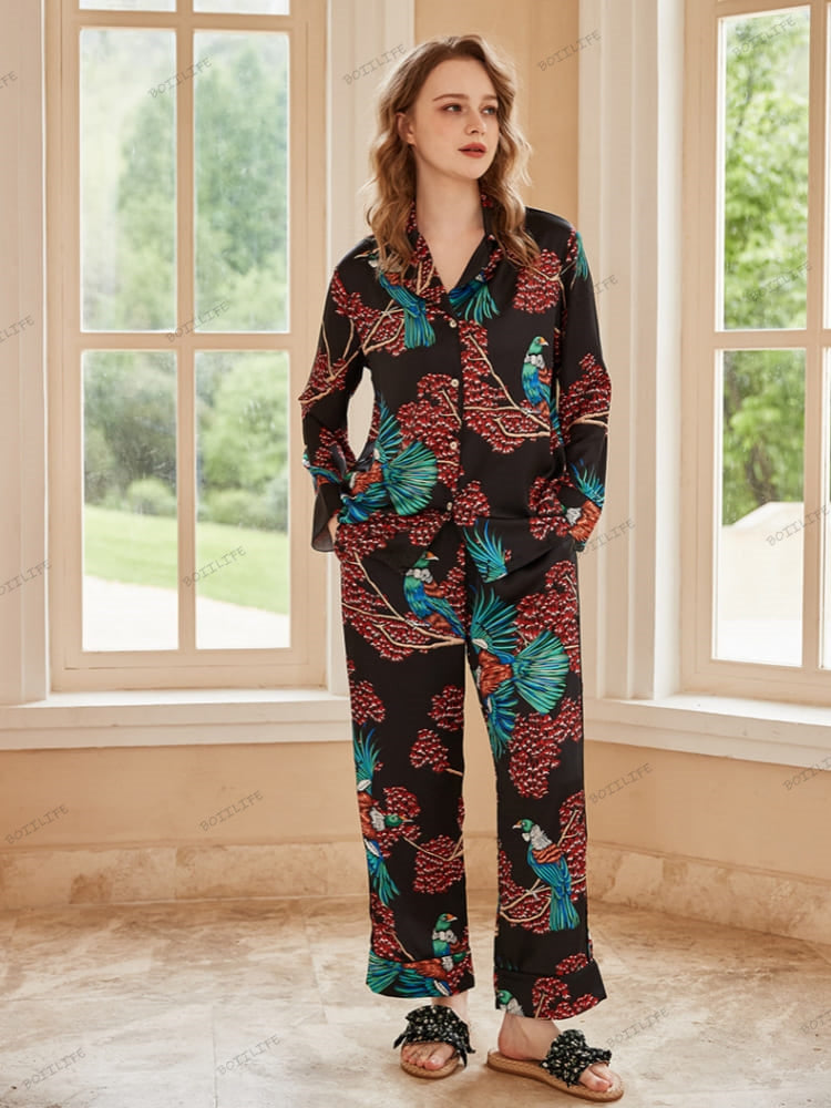 Bird of Paradise Pattern Ice Silk Long Sleeve Pajama Set-Massicos