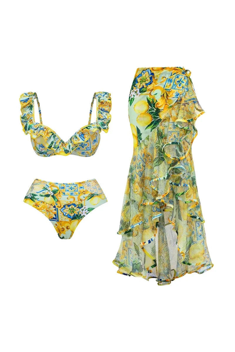 Lemon Print Ruffle Bikini Set-ROVOLE