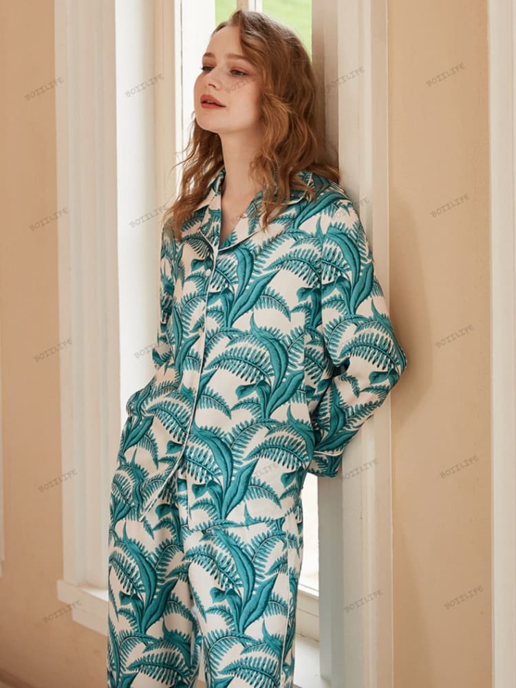 Mimosa Pattern Ice Silk Long Sleeve Casual Wear Set-Massicos