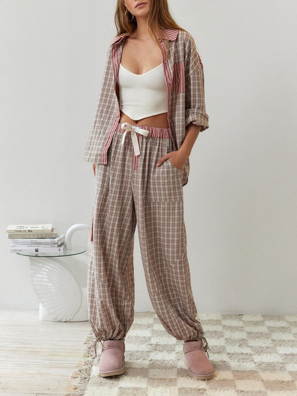 Pink Loose Splice Pajama Set-Massicos