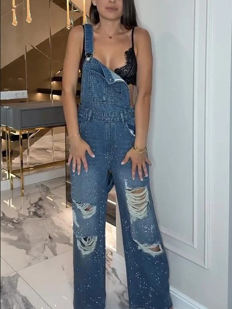 Ripped Denim Overalls-ROVOLE