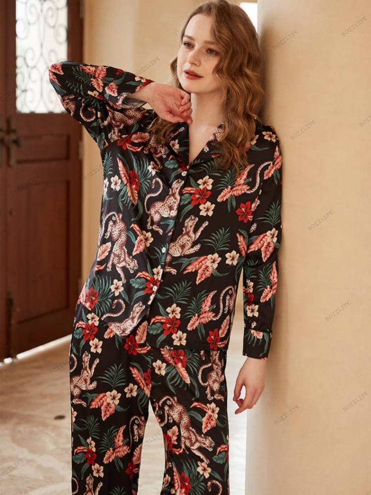 Jaguar and Floral Print Ice Silk Long-Sleeve Loungewear Set-Massicos
