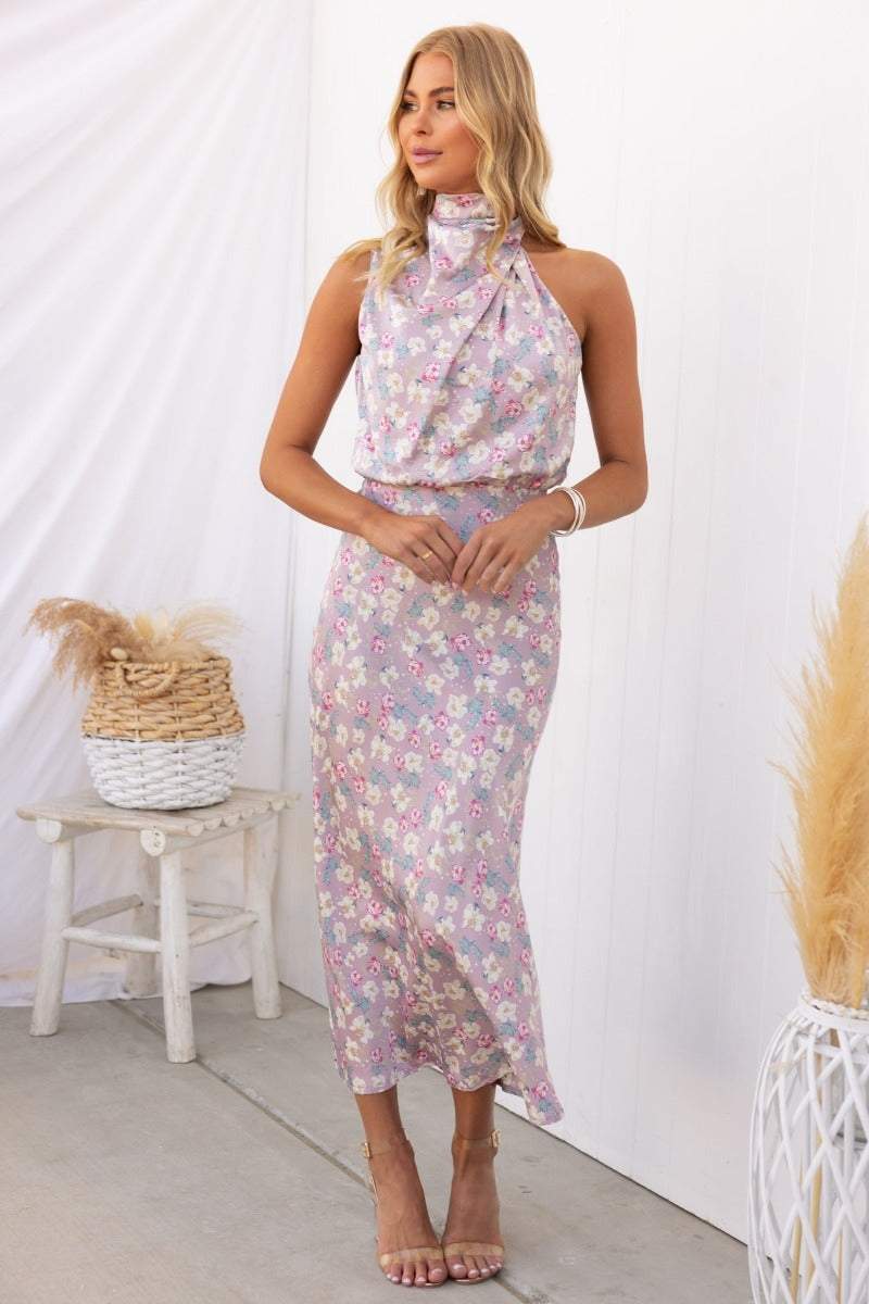 Wine Country Dates Floral Halter Neck Elastic Waist Maxi Dress-Massicos