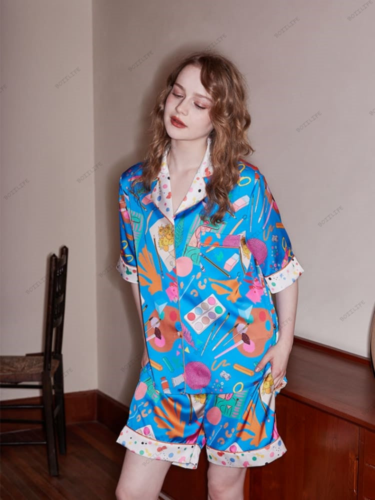 Stationery Print Casual Short-Sleeve Loungewear Set - Blue-Massicos