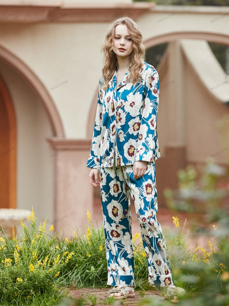 Blue Floral Pattern Ice Silk Long Sleeve Loungewear Set-Massicos