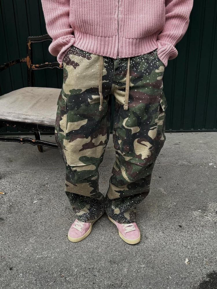 Camo Rhinestone Drawstring Cargo Pants-Massicos