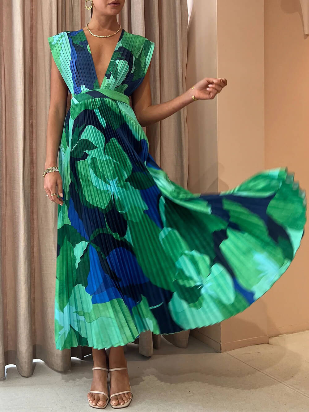 Pleated Sleeveless Lounge Dress Long Dress-Massicos