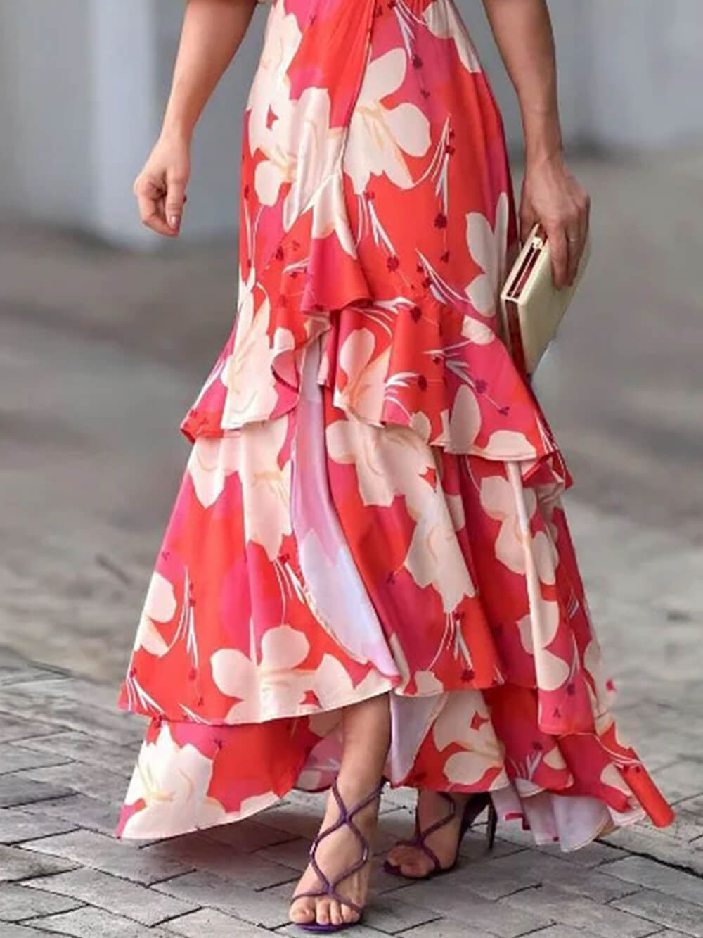 Elegant V-Neck Printed Layered Dress-Massicos