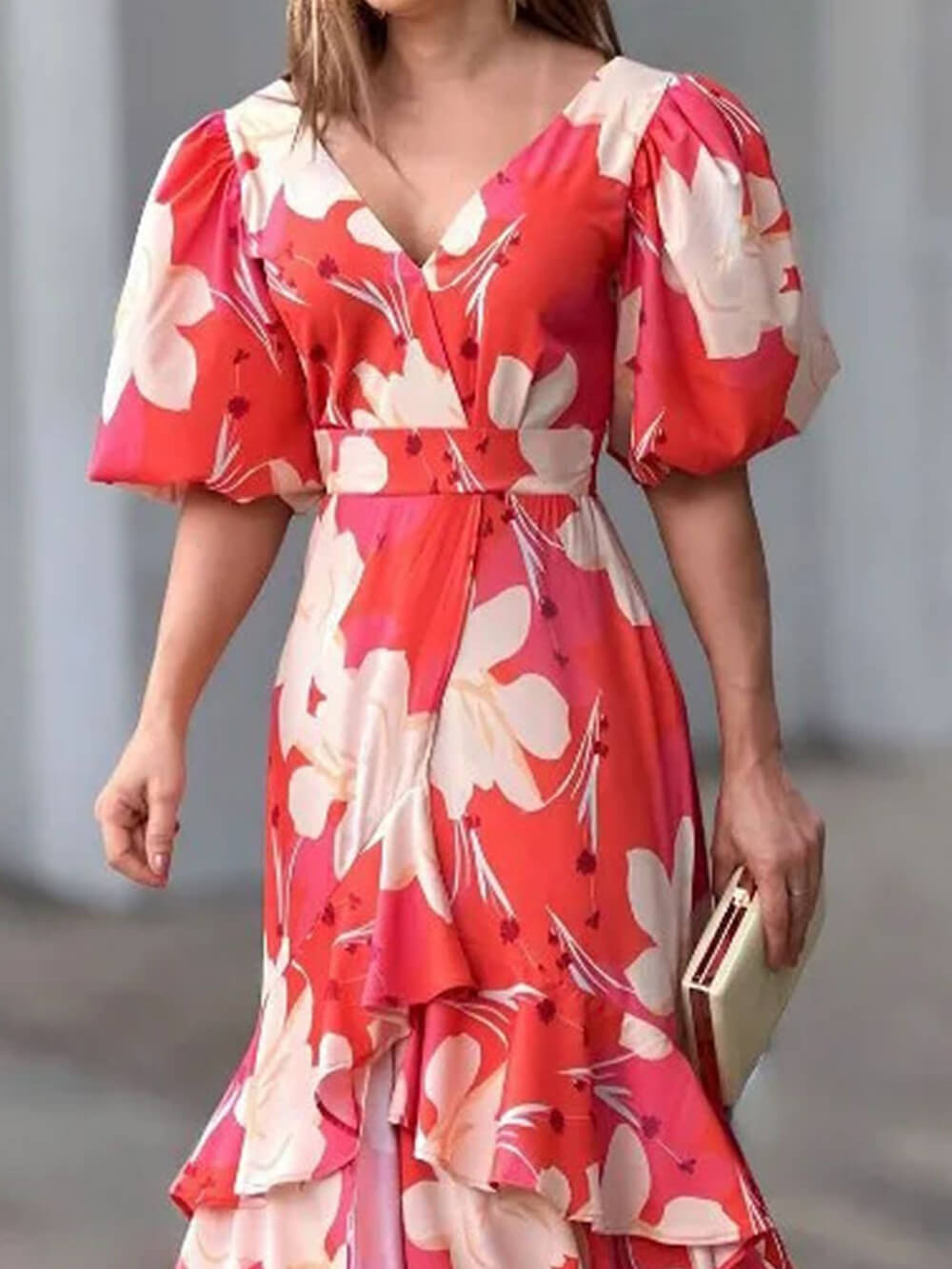 Elegant V-Neck Printed Layered Dress-Massicos