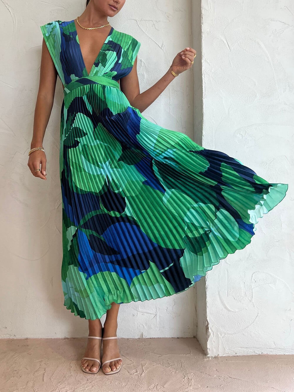 Pleated Sleeveless Lounge Dress Long Dress-Massicos
