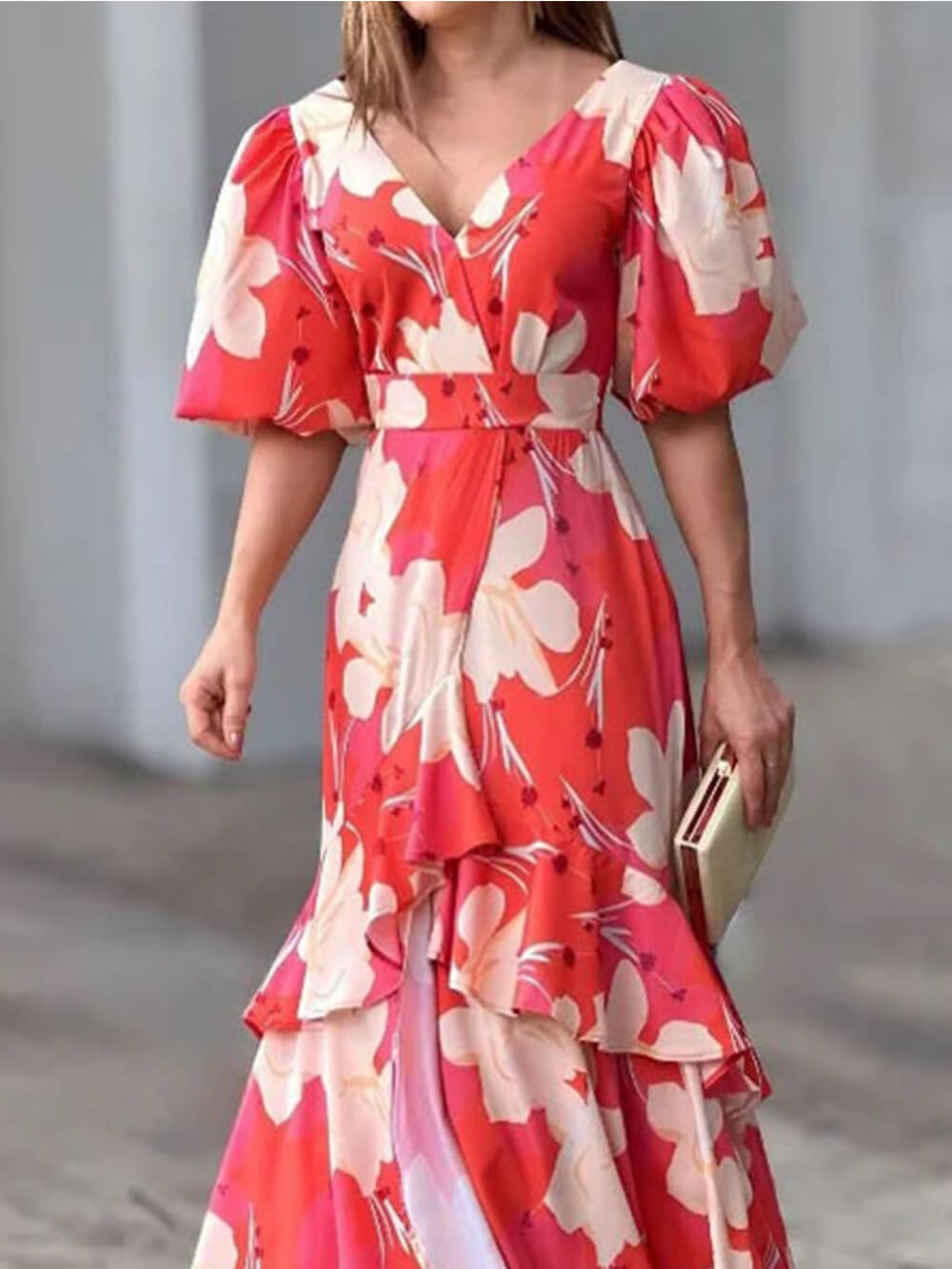 Elegant V-Neck Printed Layered Dress-Massicos