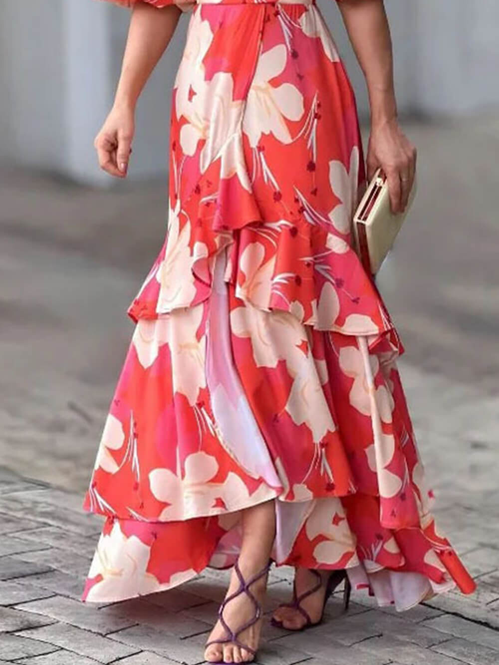 Elegant V-Neck Printed Layered Dress-Massicos