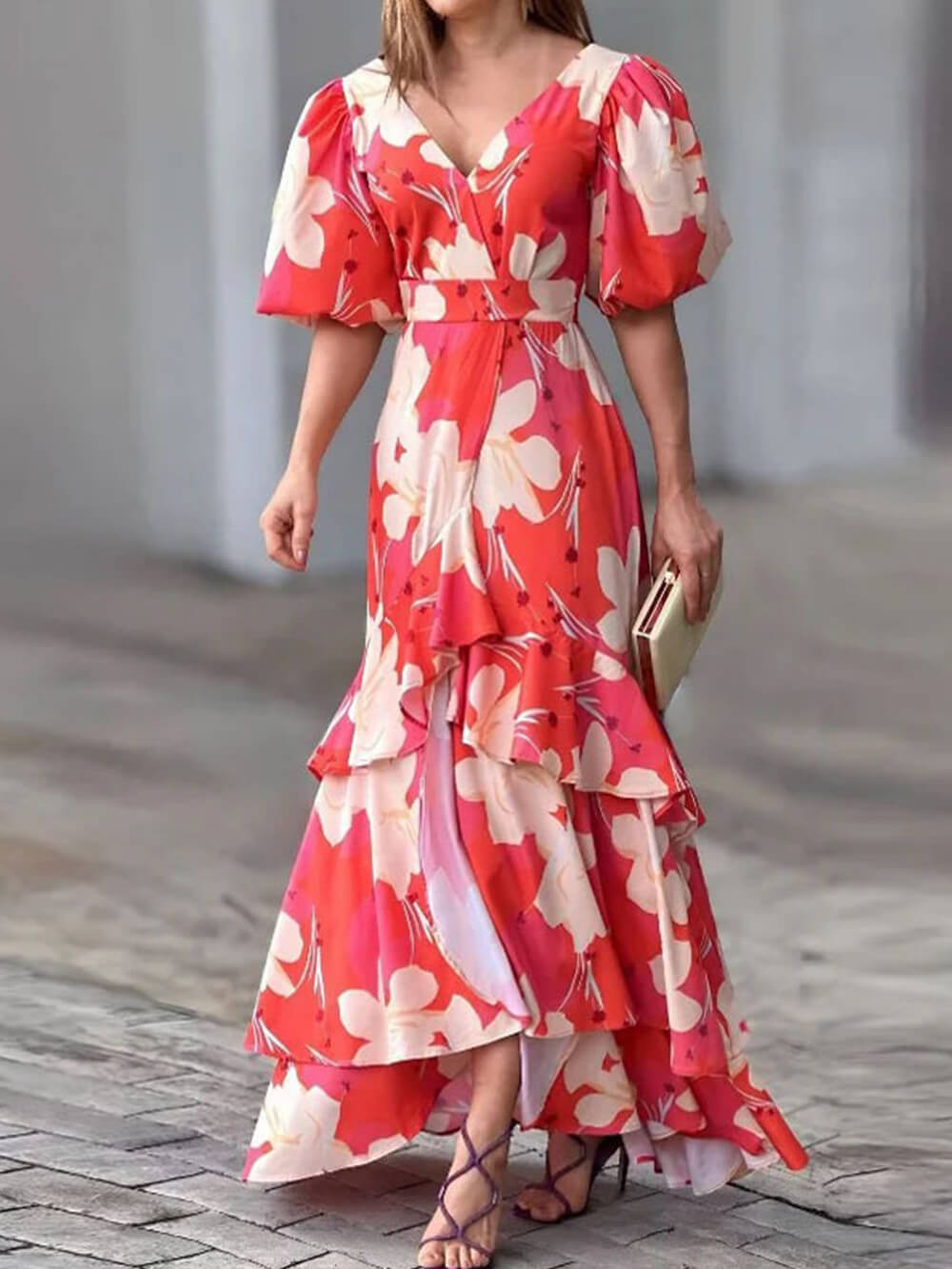 Elegant V-Neck Printed Layered Dress-Massicos