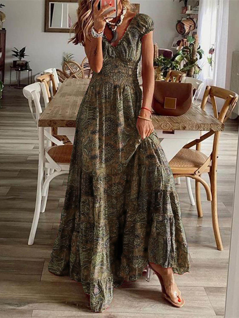 Bohemian Waisted Floral Print Dress-Massicos