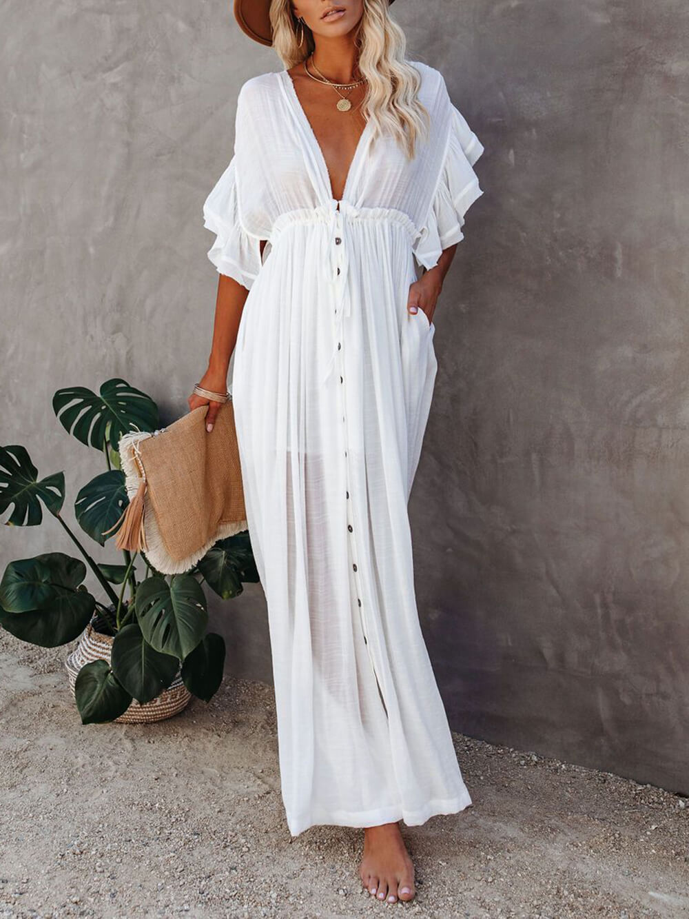 Button Cotton Linen Perfect Beach Boho Maxi Dress-Massicos
