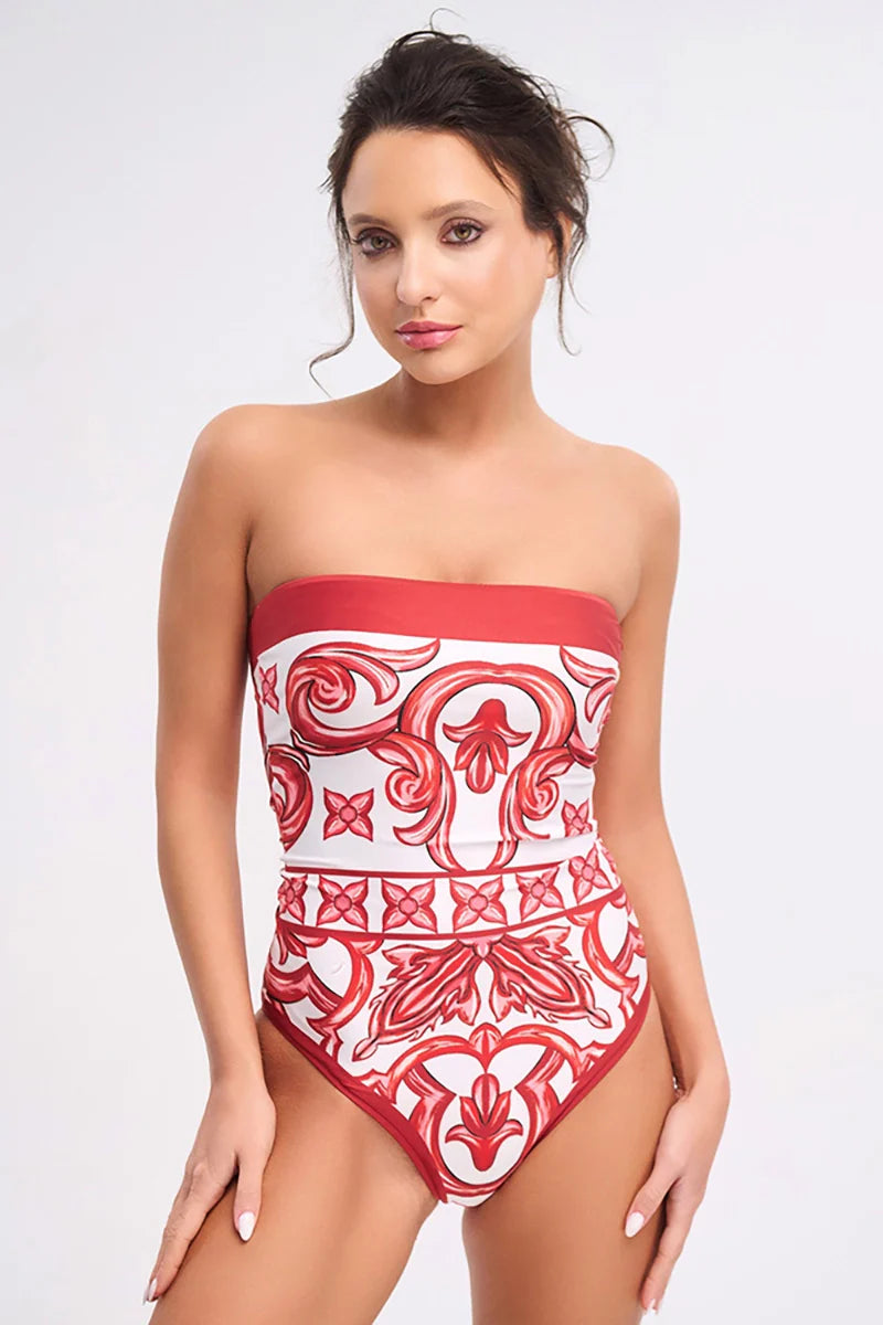 Ethnic Print One-Piece Swimsuit Set-ROVOLE