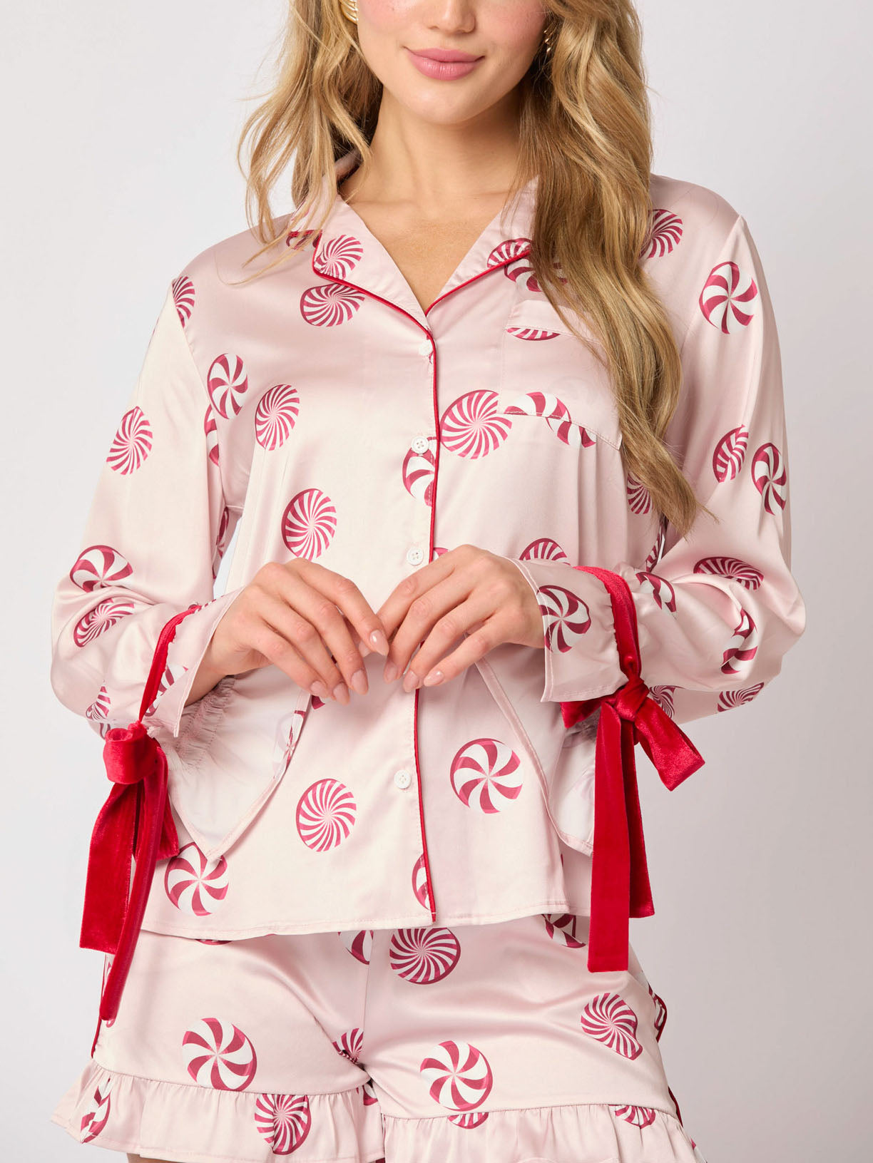 Candy Print Velvet Trim Pajama Set-Massicos