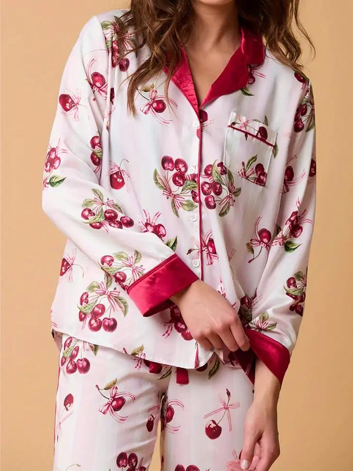 Light pink striped cherry print pajama set-Massicos