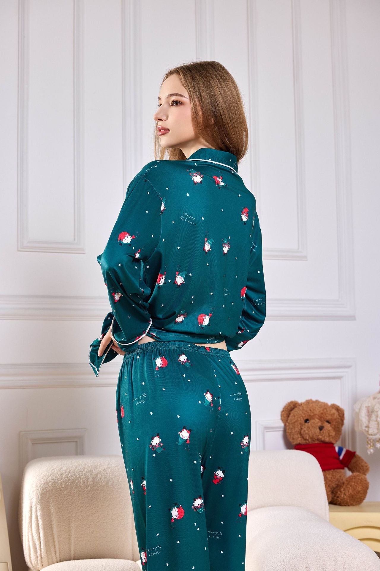 Pink Candy Cane Print Satin Long PJ Set-ROVOLE