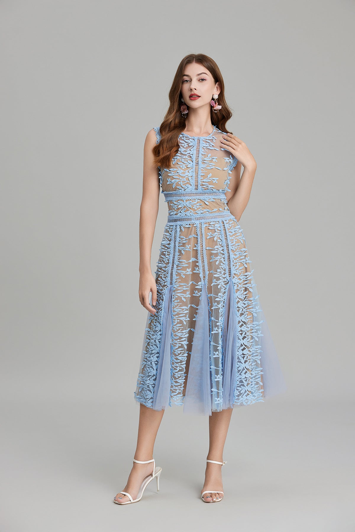 Maëlle Round Neck Mesh Embroidered Midi Dress In Beige-ROVOLE