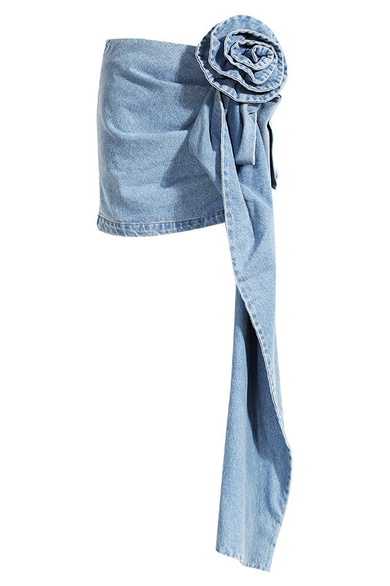 Denim Mini Skirt With 3D Roses-ROVOLE