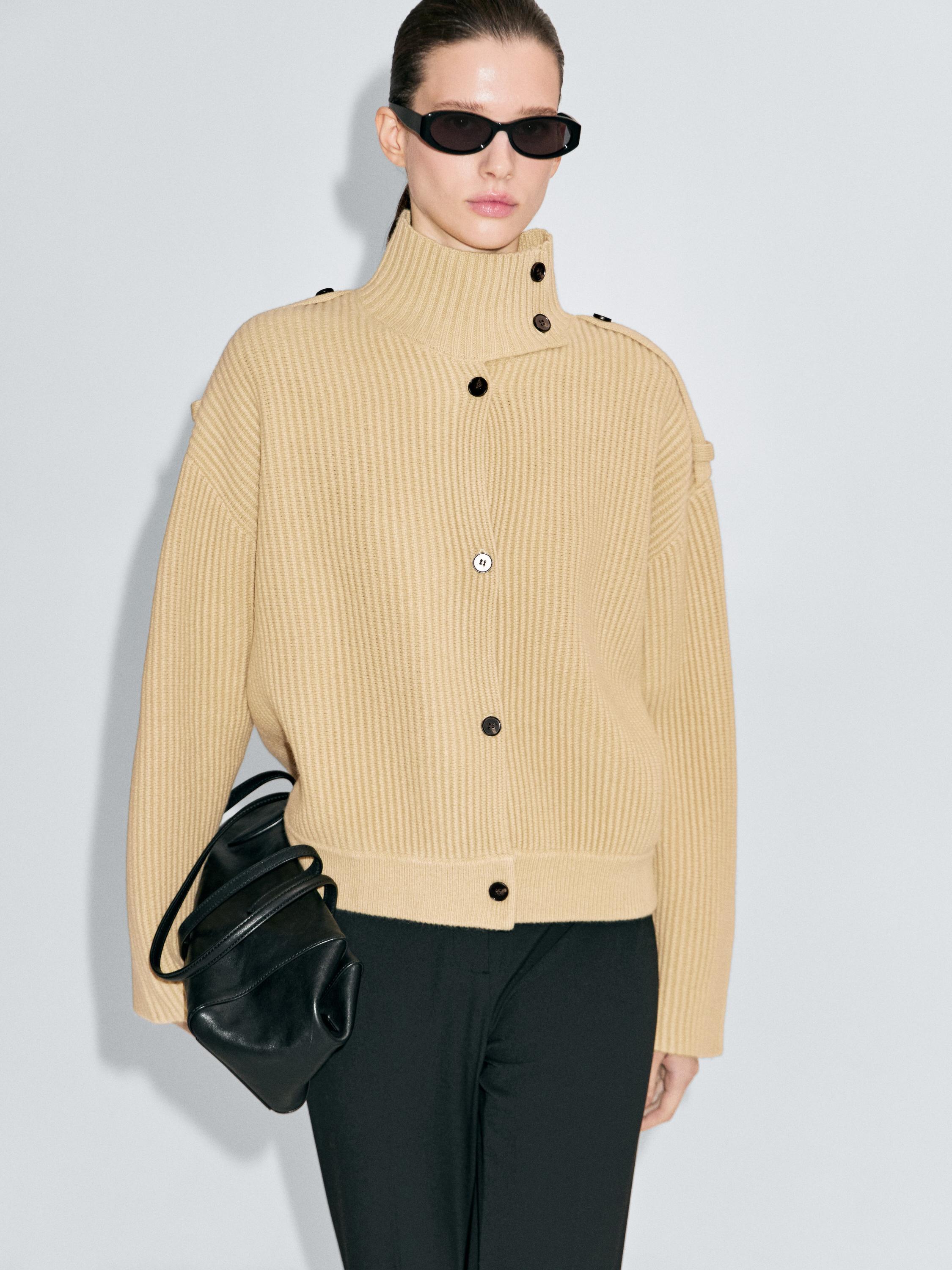 100% wool turtleneck knit cardigan