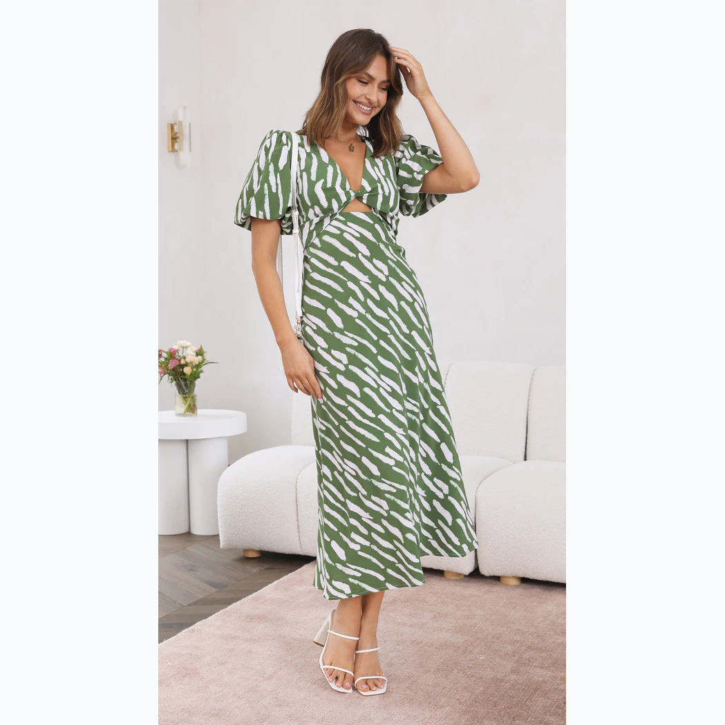Printed V-Neck A-Line Midi Dress for a Fresh Style-Massicos