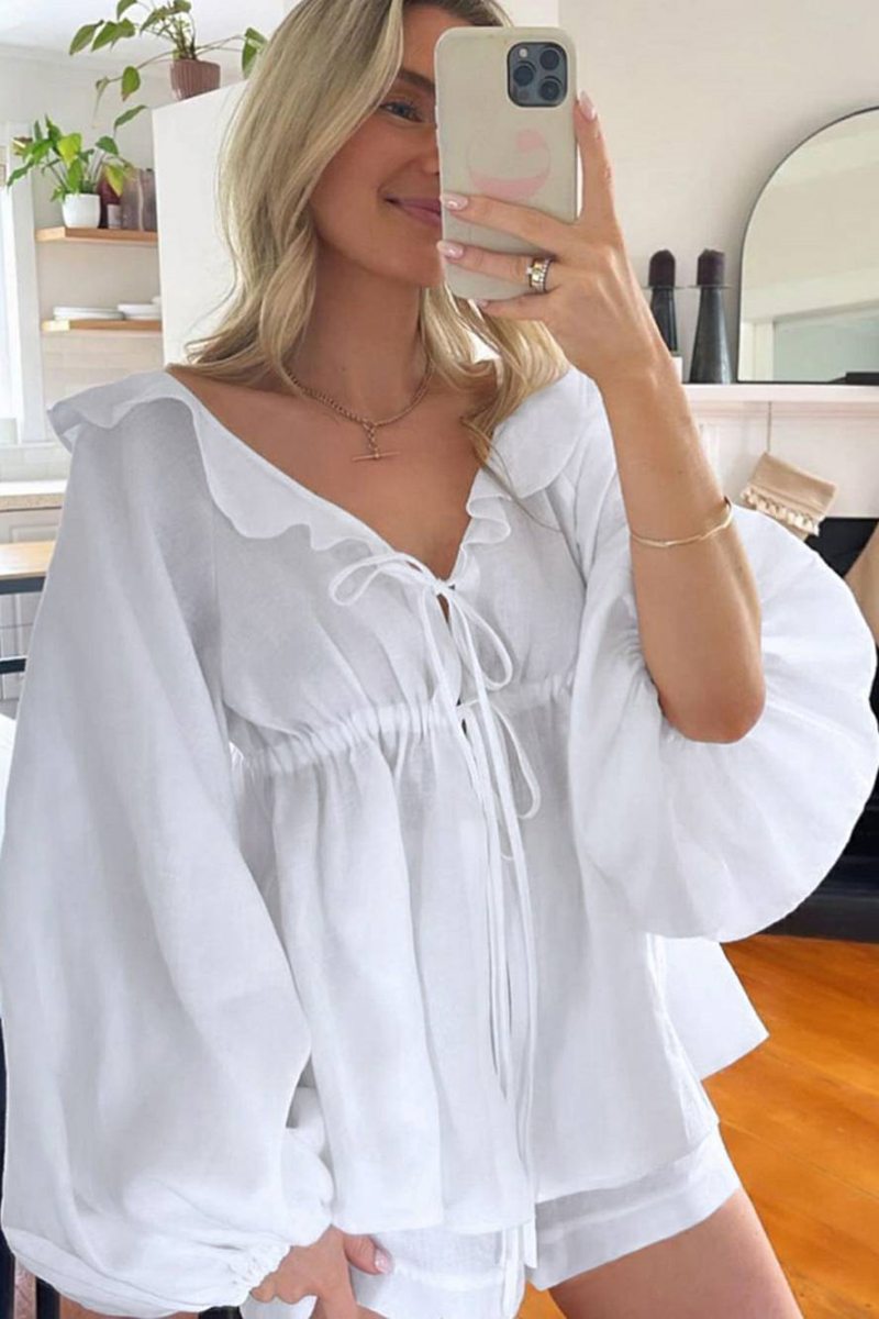 Ruffles Lace Up Long Sleeve Shorts Set-ROVOLE