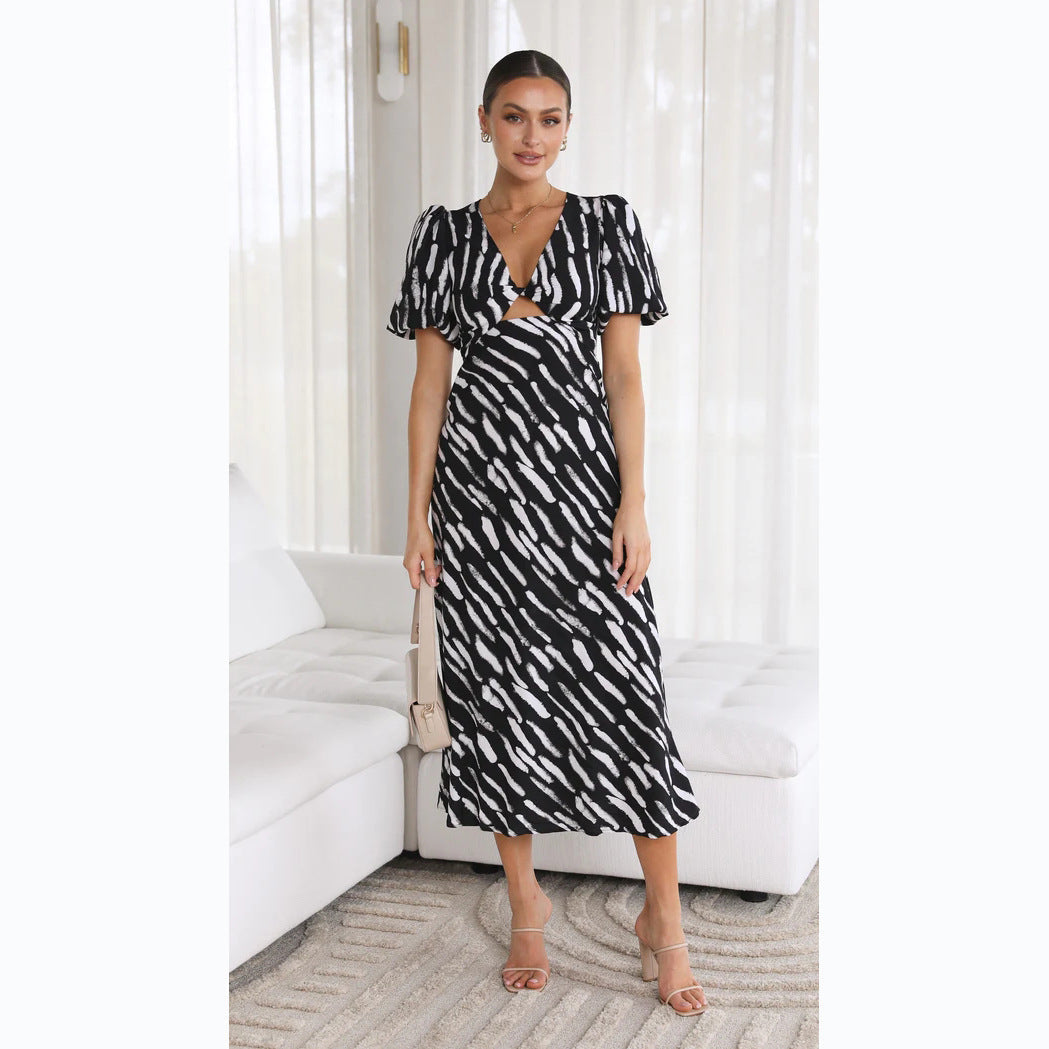 Printed V-Neck A-Line Midi Dress for a Fresh Style-Massicos
