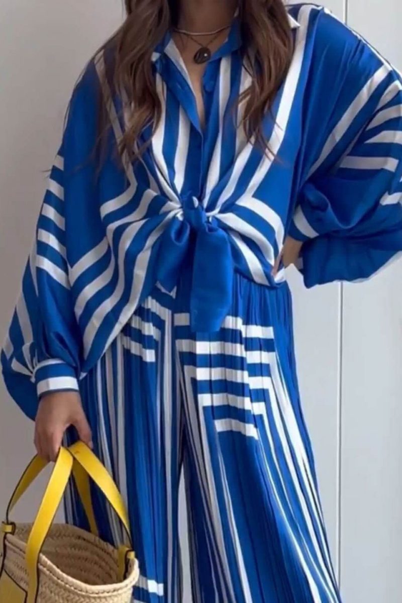 Geometric Striped Print Long Sleeve Shirt & Wide Leg Pants Sets-ROVOLE