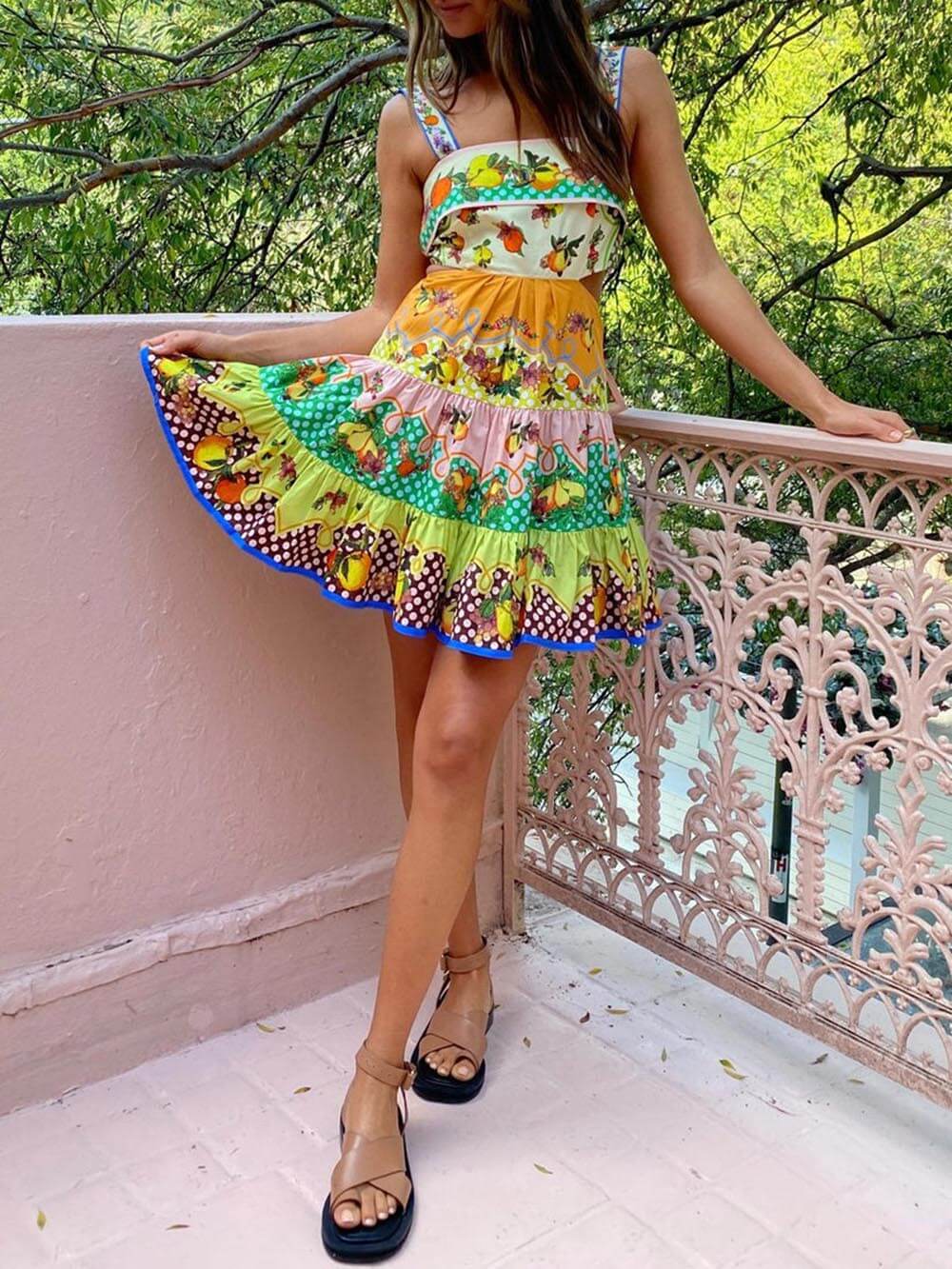 Summer MulticolorLemon Preated Hem Mini Dress-Massicos