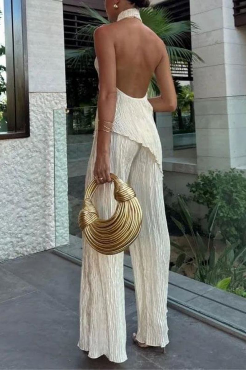 Sleeveless Halter Top High Waist Casual Wide Leg Trousers Suit-ROVOLE