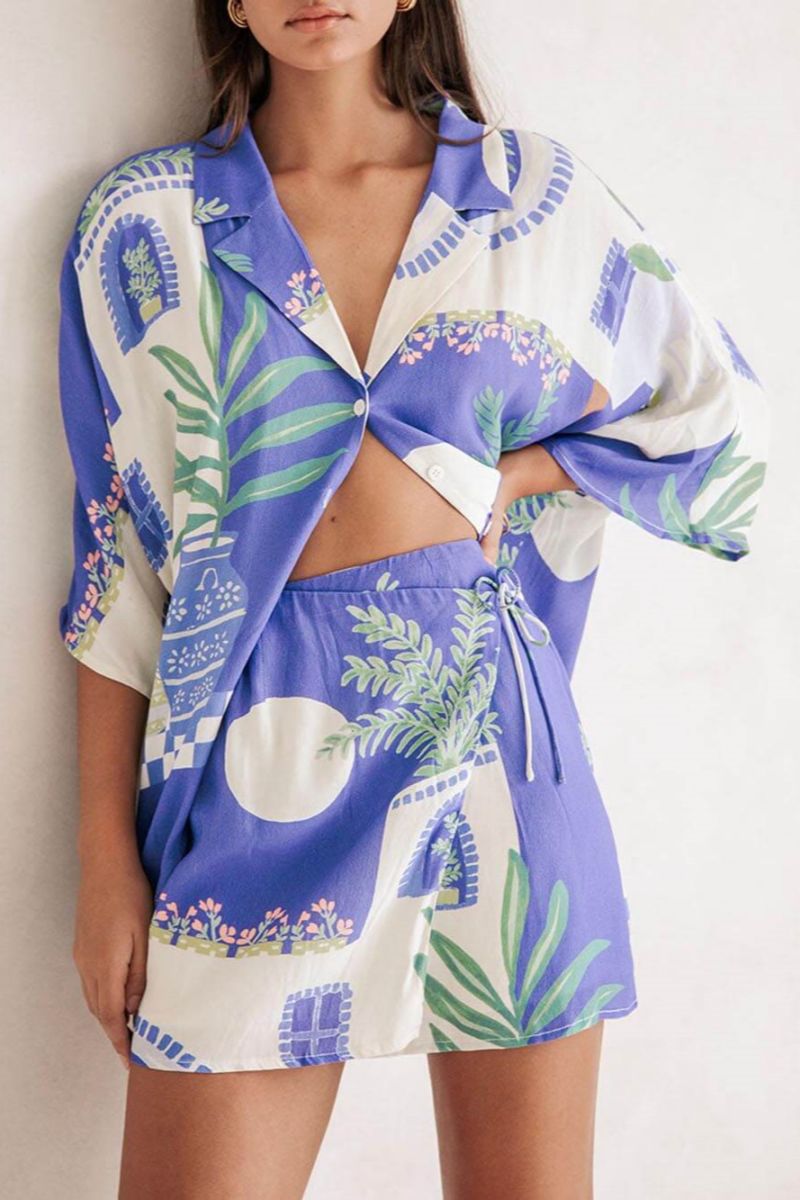 Unique Print Loose Shirt And Elastic Waist Wrap Lace-Up Skirt Set-ROVOLE