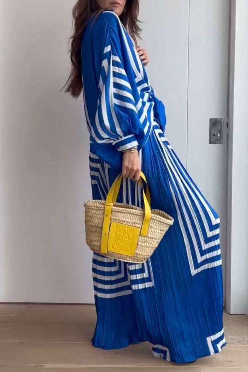 Geometric Striped Print Long Sleeve Shirt & Wide Leg Pants Sets-ROVOLE