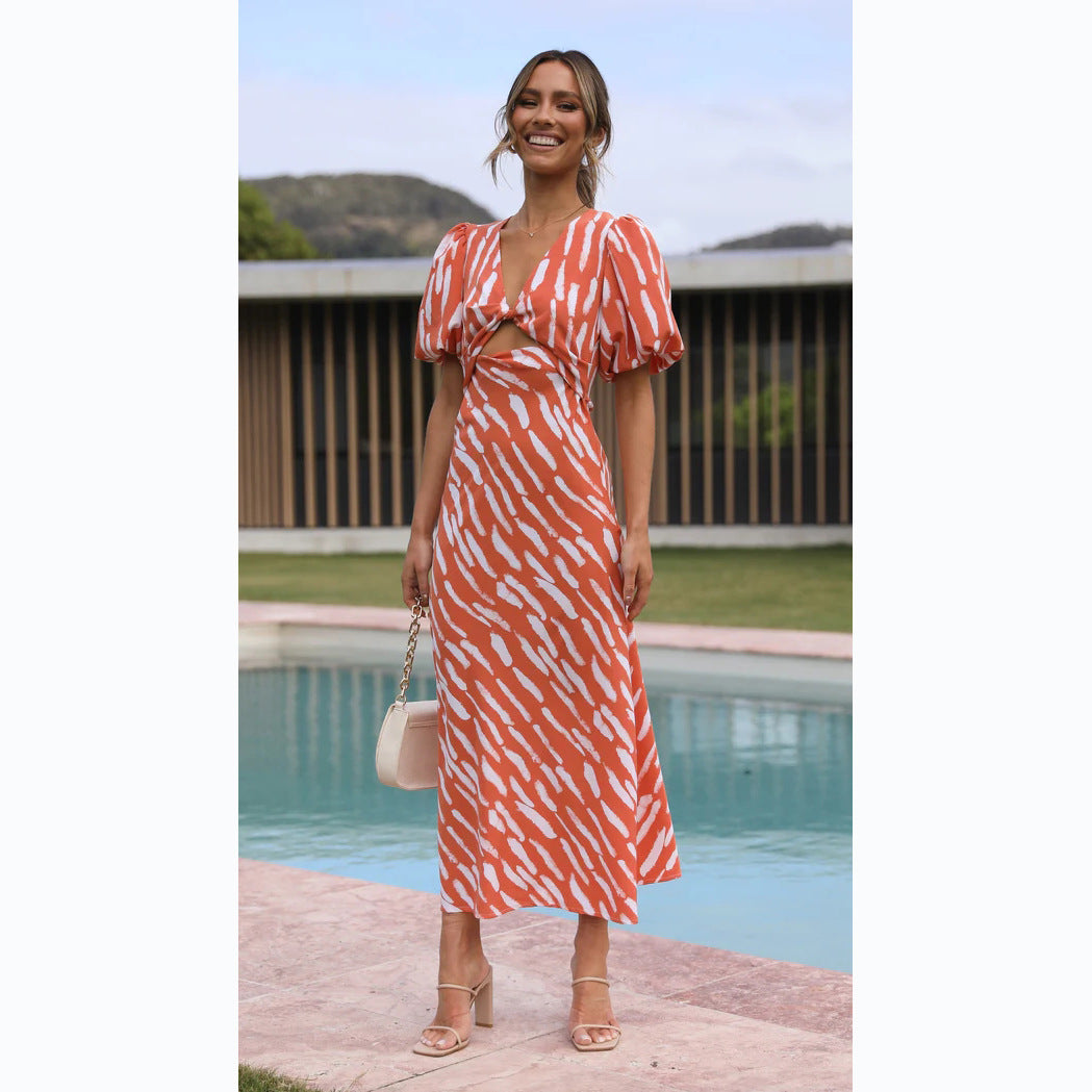 Printed V-Neck A-Line Midi Dress for a Fresh Style-Massicos