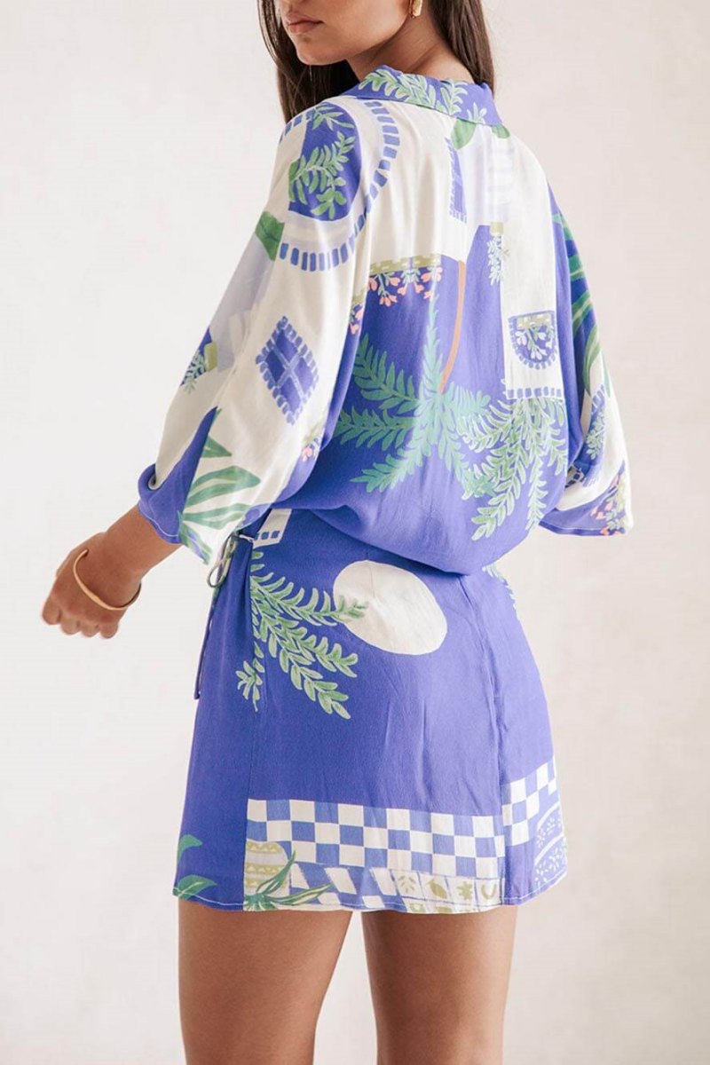 Unique Print Loose Shirt And Elastic Waist Wrap Lace-Up Skirt Set-ROVOLE