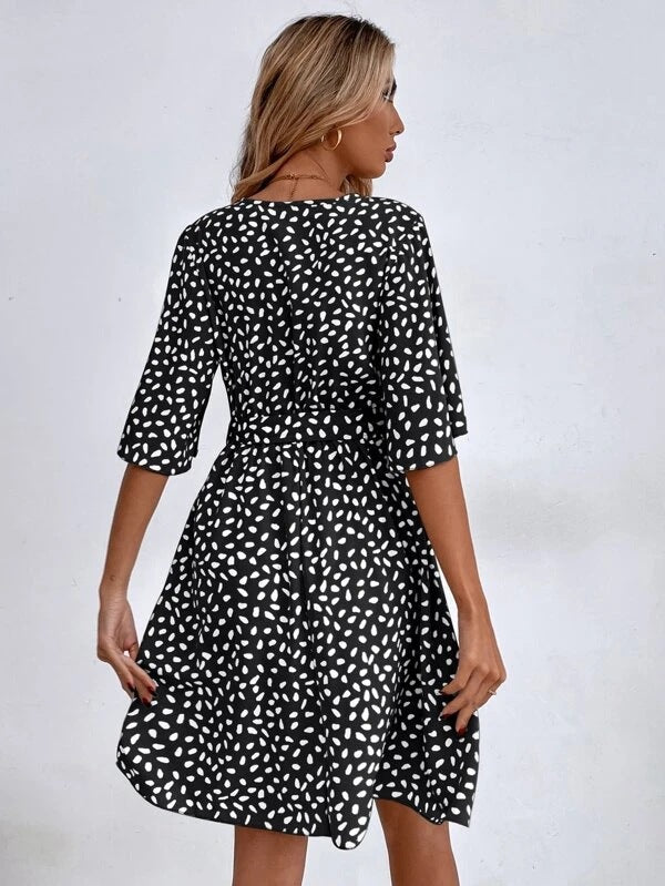 V-neck Waist Fashion Versatile Boho Dress-Massicos