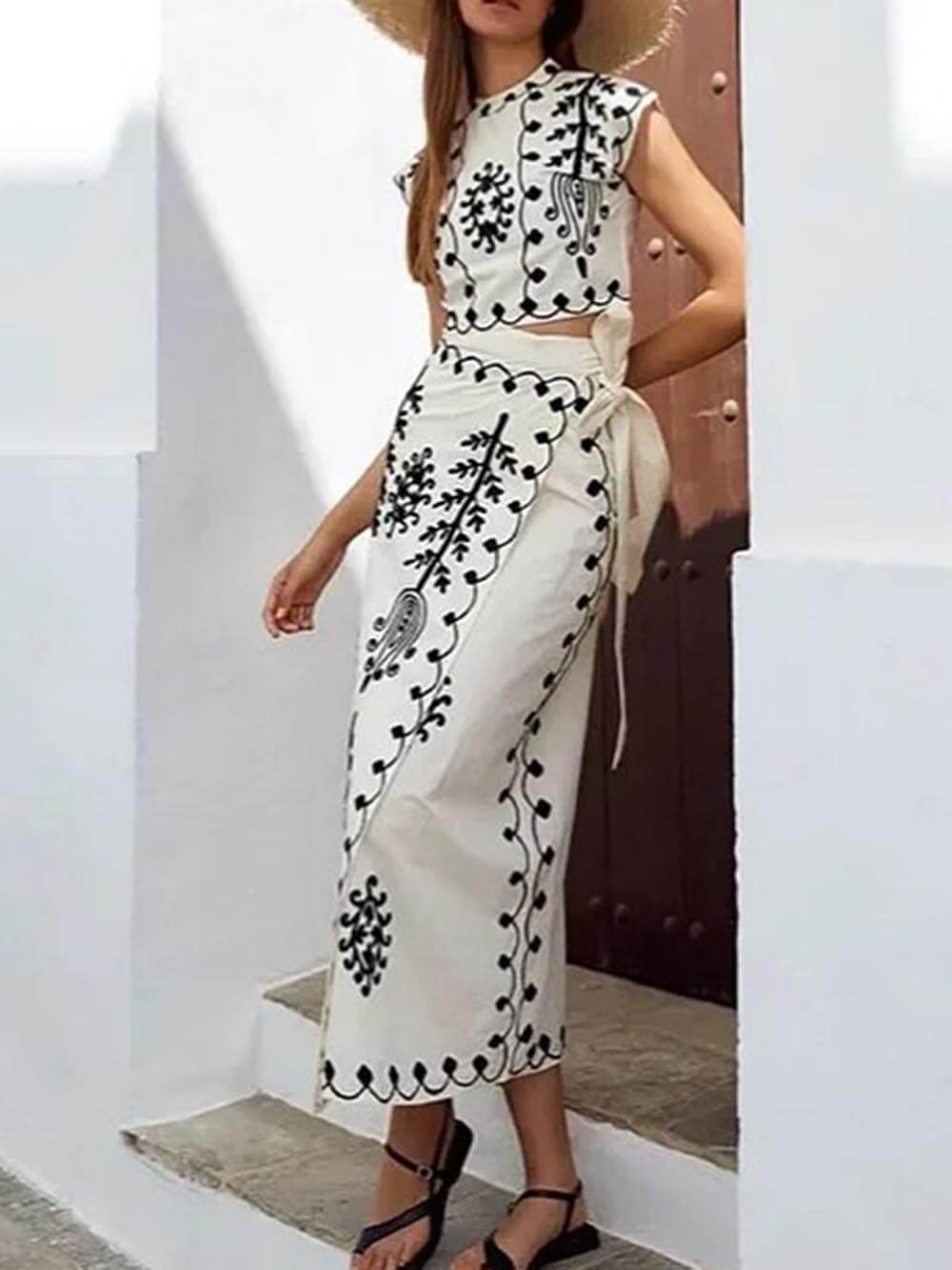 Ethnic Print Crop Top & Tire-up Wrap Midi Skirts Set-Massicos
